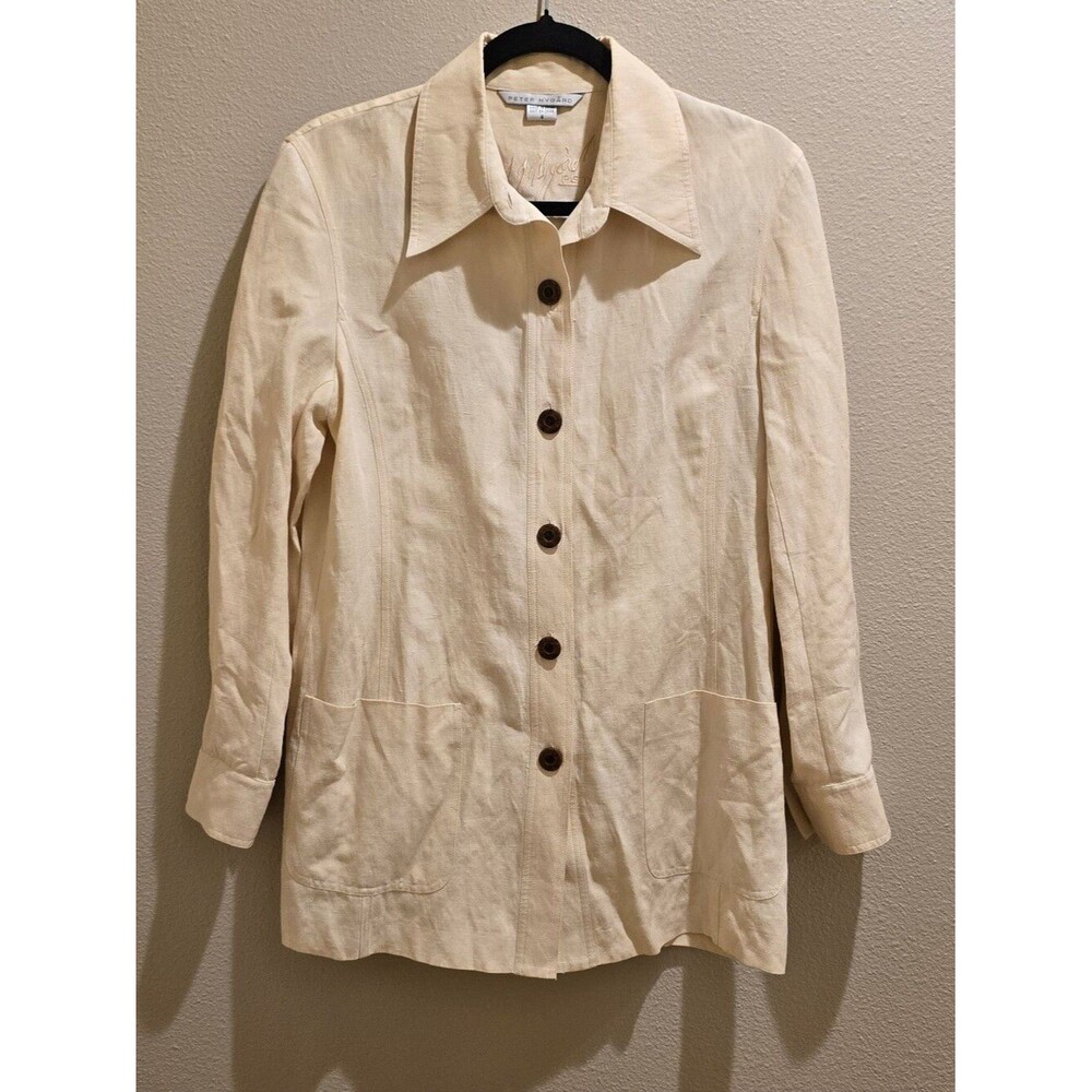 Peter Nygard Silk Linen Blend Collared Button Up Utility Jacket Cream Sz 4